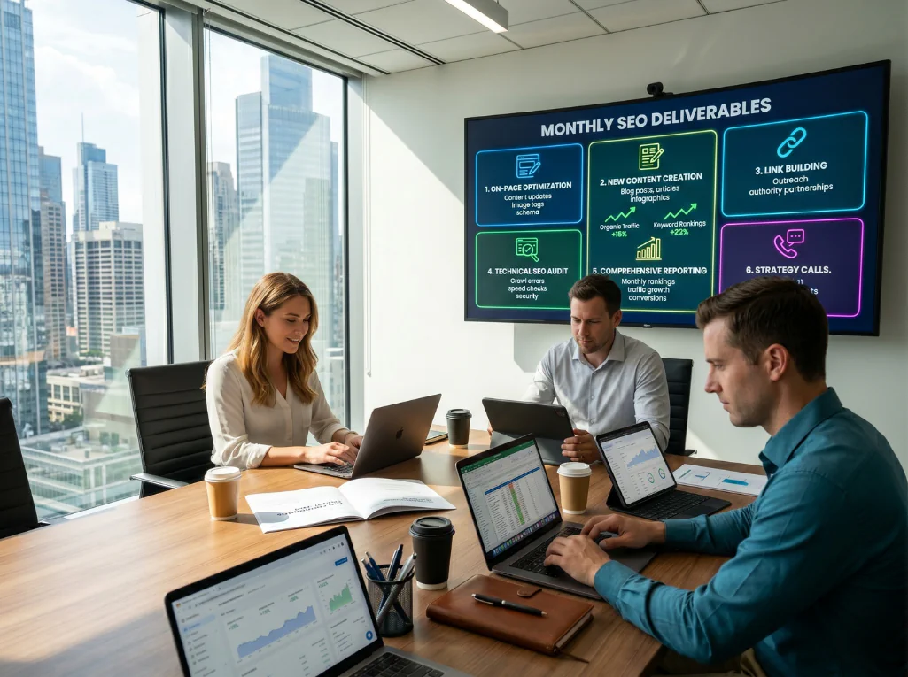 A team in a boardroom reviewing monthly SEO deliverables on a large screen featuring optimisation and reporting.