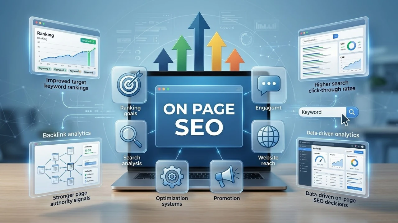 On-page SEO dashboard showing keyword rankings, analytics, engagement, and organic growth metrics on a laptop screen