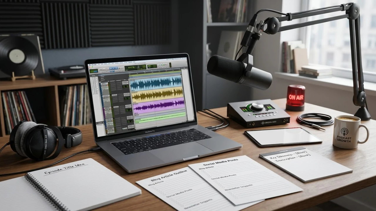 Podcast recording setup with microphone, audio editing software, and notes for blog and social media content creation