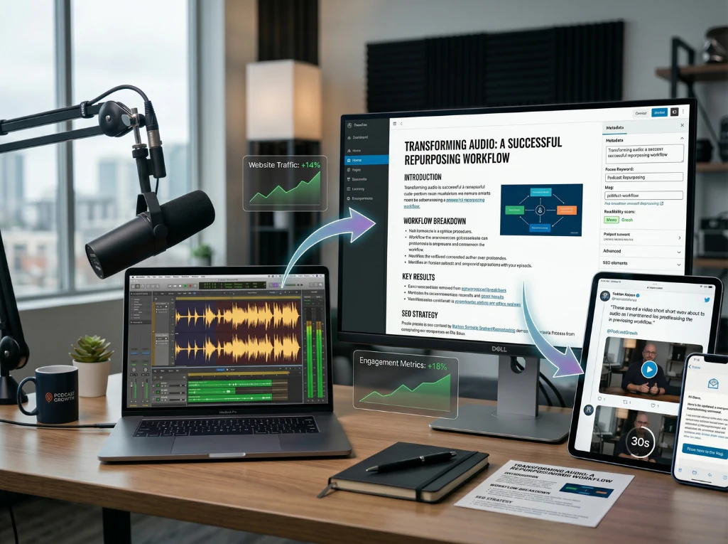 Podcast audio editing workflow showing content repurposing into blog articles and social media posts.