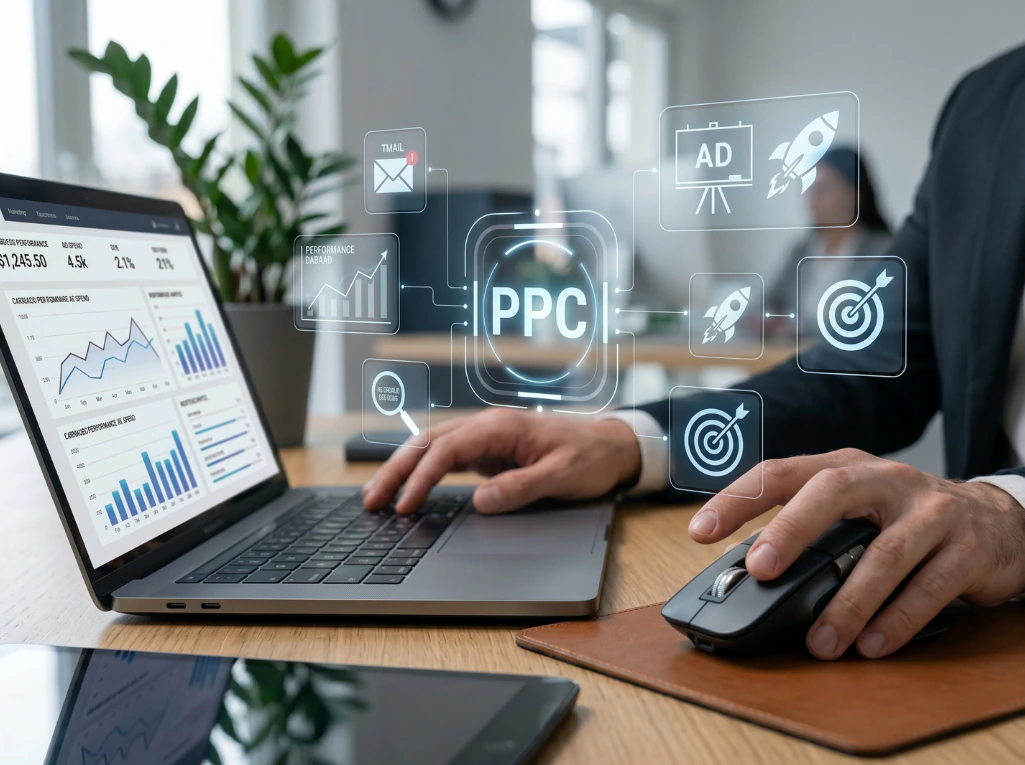 Digital marketer managing PPC campaigns on laptop with analytics dashboard and pay-per-click strategy icons displayed.