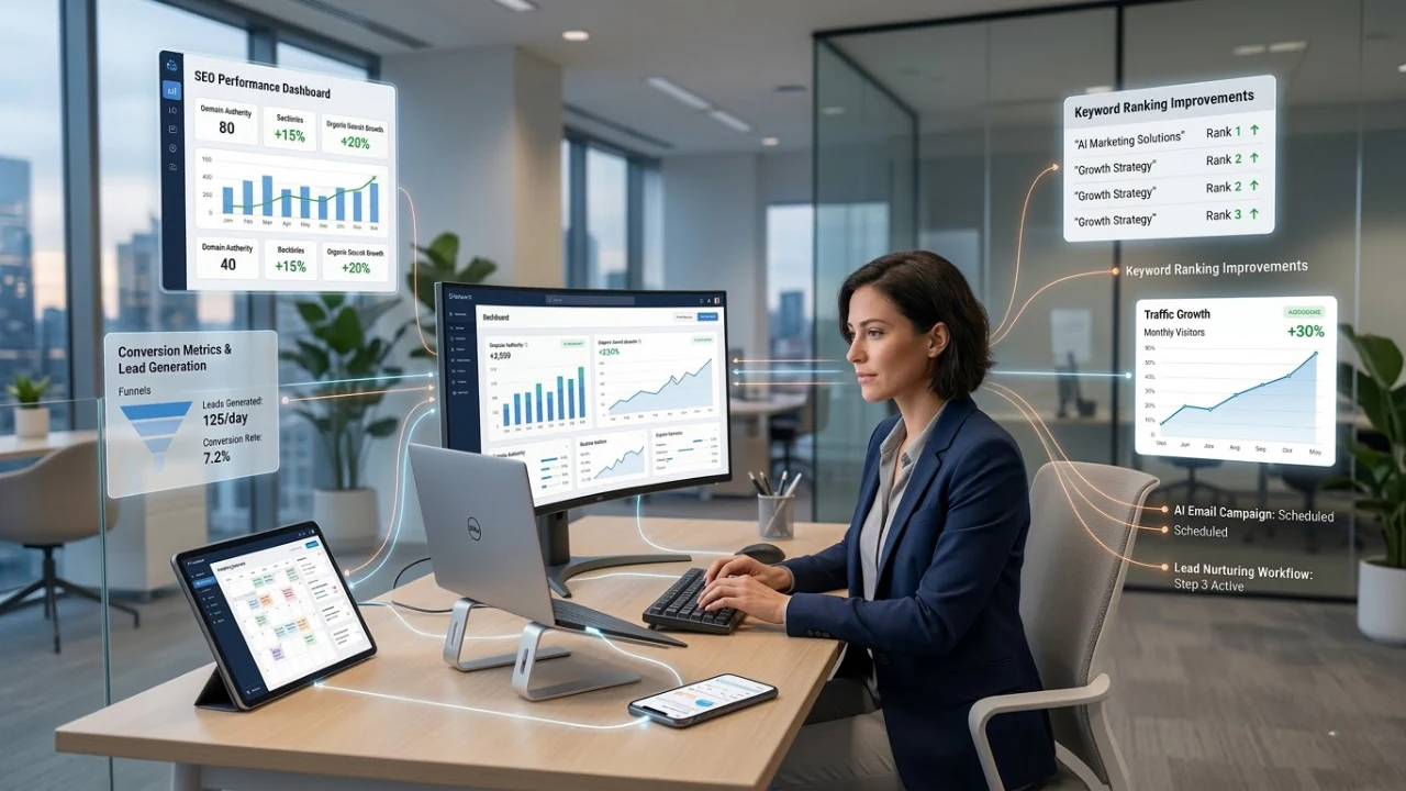 Professional analysing an SEO dashboard with ranking growth, traffic metrics, and automated marketing workflows across multiple devices