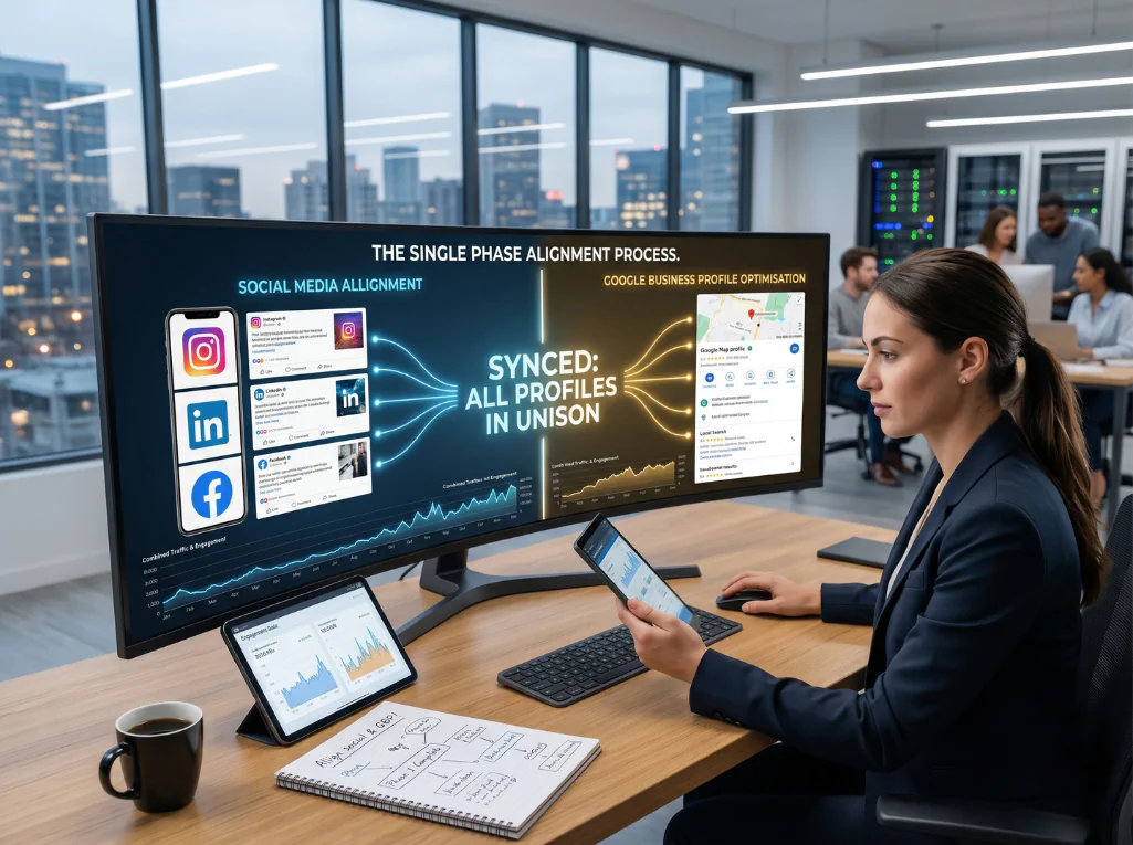 A professional reviewing social media alignment and Google Business Profile optimisation on a curved monitor.