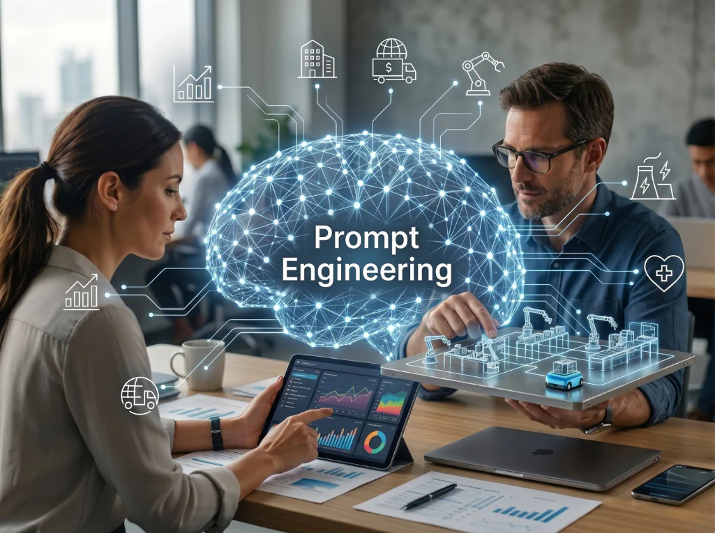 Professionals using prompt engineering with AI visualisation, analysing data and automated workflows in modern office.
