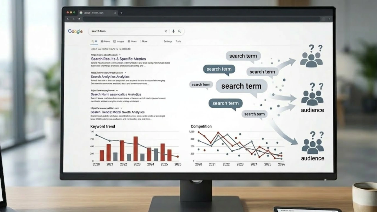SEO keyword research dashboard showing search terms, untargeted audience, keyword trends, and competition analytics