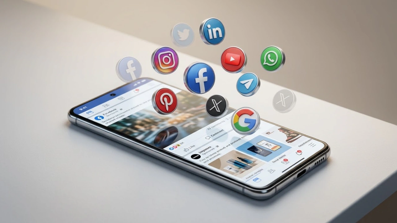 Smartphone displaying social media feed with floating icons for Facebook, Instagram, LinkedIn, YouTube and messaging apps