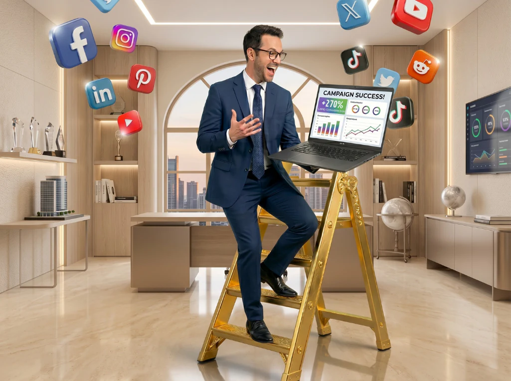 Marketer celebrating successful social media campaign on laptop with rising analytics and floating platform icons.