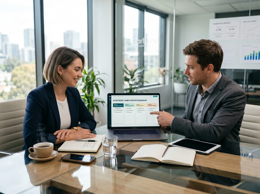 Two professionals discussing a strategic onboarding roadmap on a laptop during a meeting in a modern office.