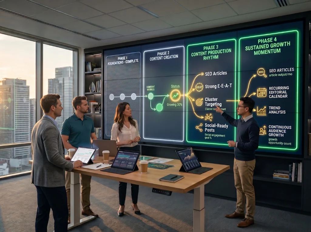 A marketing team analysing a four-phase content production and growth strategy on a large digital office screen.