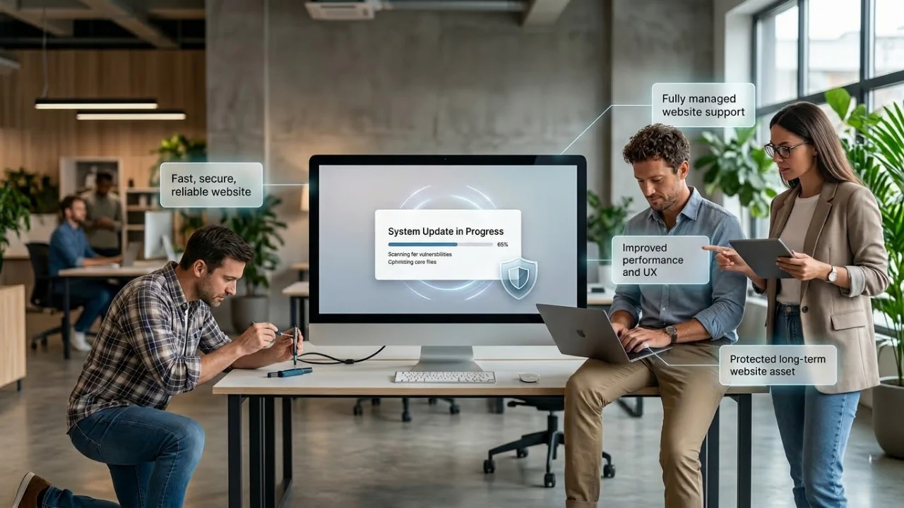 Team managing website updates in office with on-screen labels for support, performance, security, and asset protection