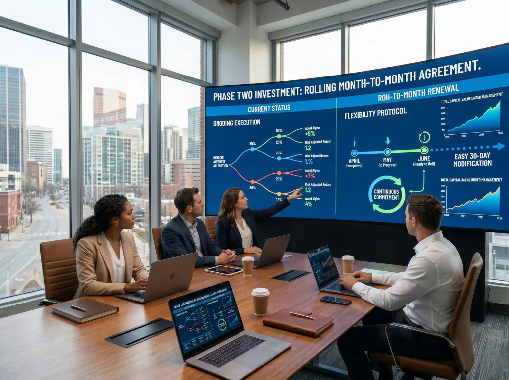 A professional team reviewing investment status and flexibility protocols on a large screen in a boardroom.