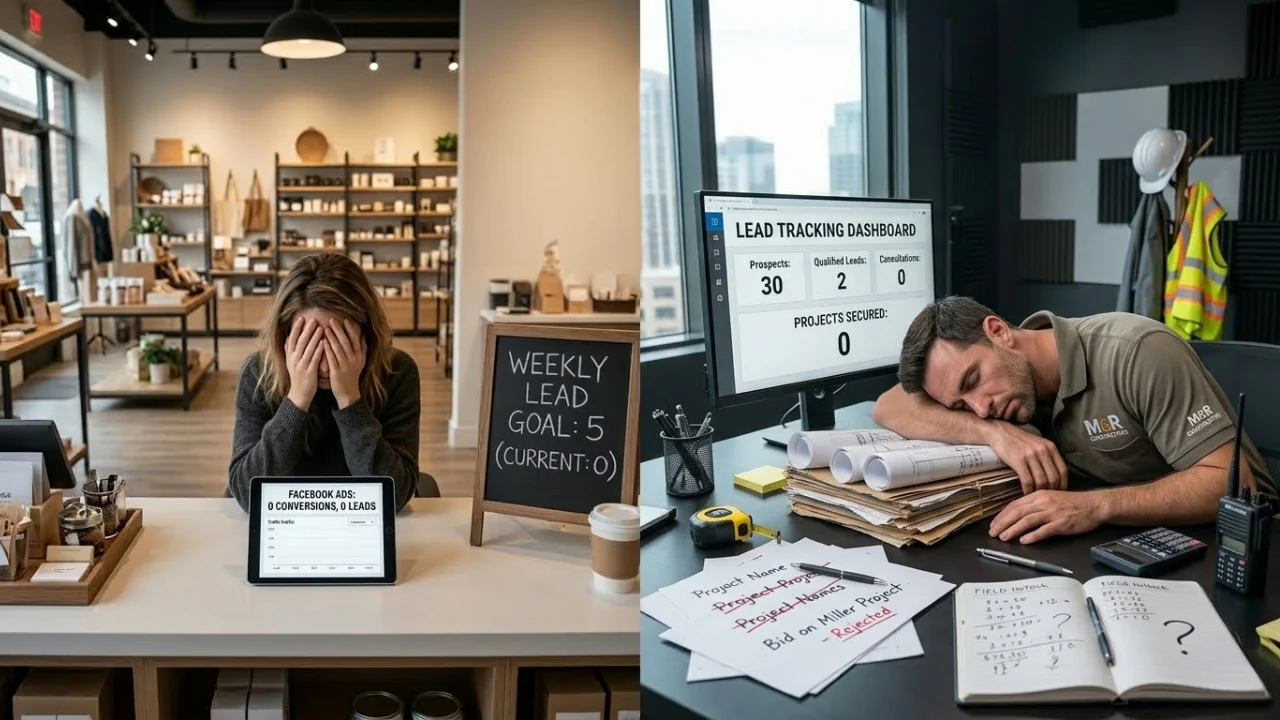 Two business owners frustrated by zero leads and poor conversion tracking on marketing and lead dashboard screens