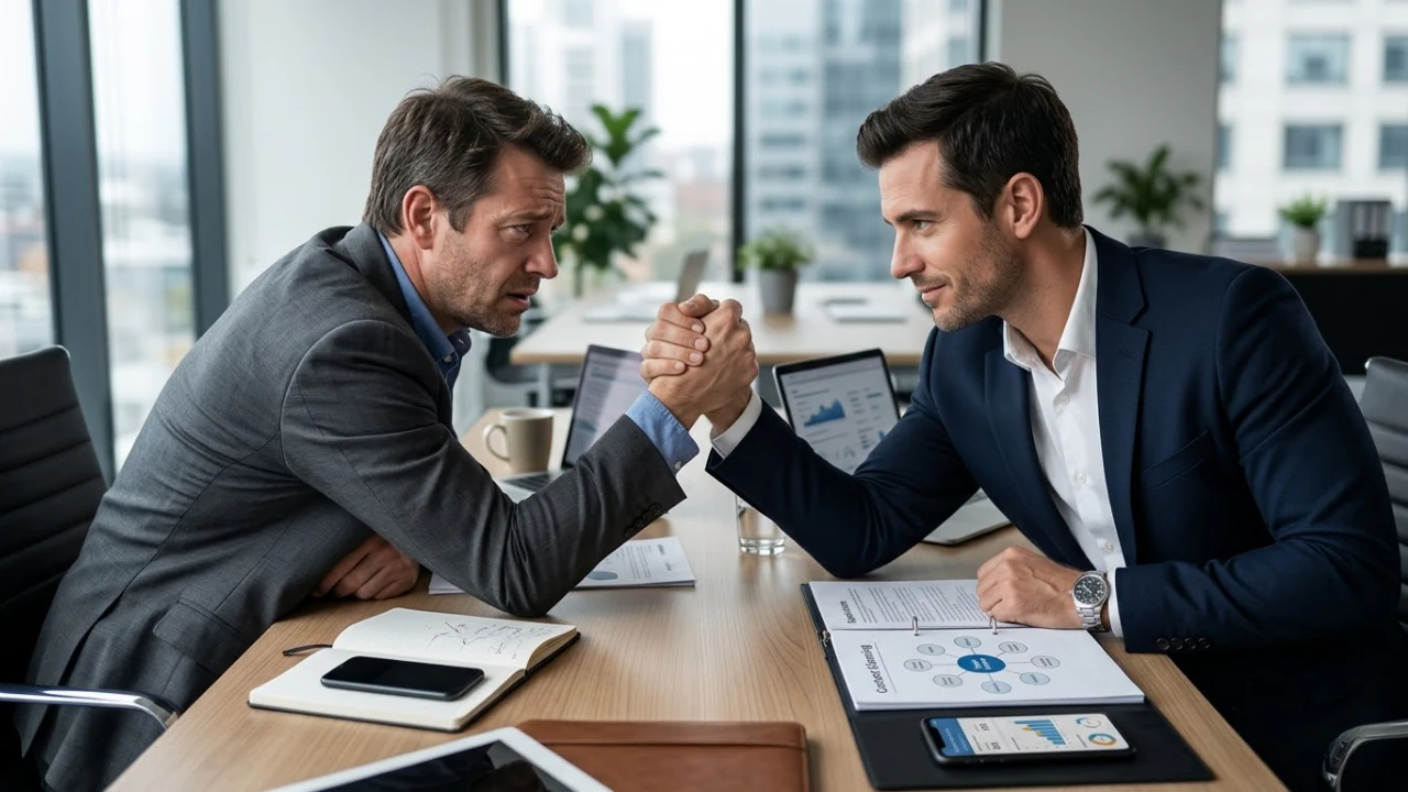 Two business professionals arm-wrestling across an office table during a competitive strategy discussion meeting