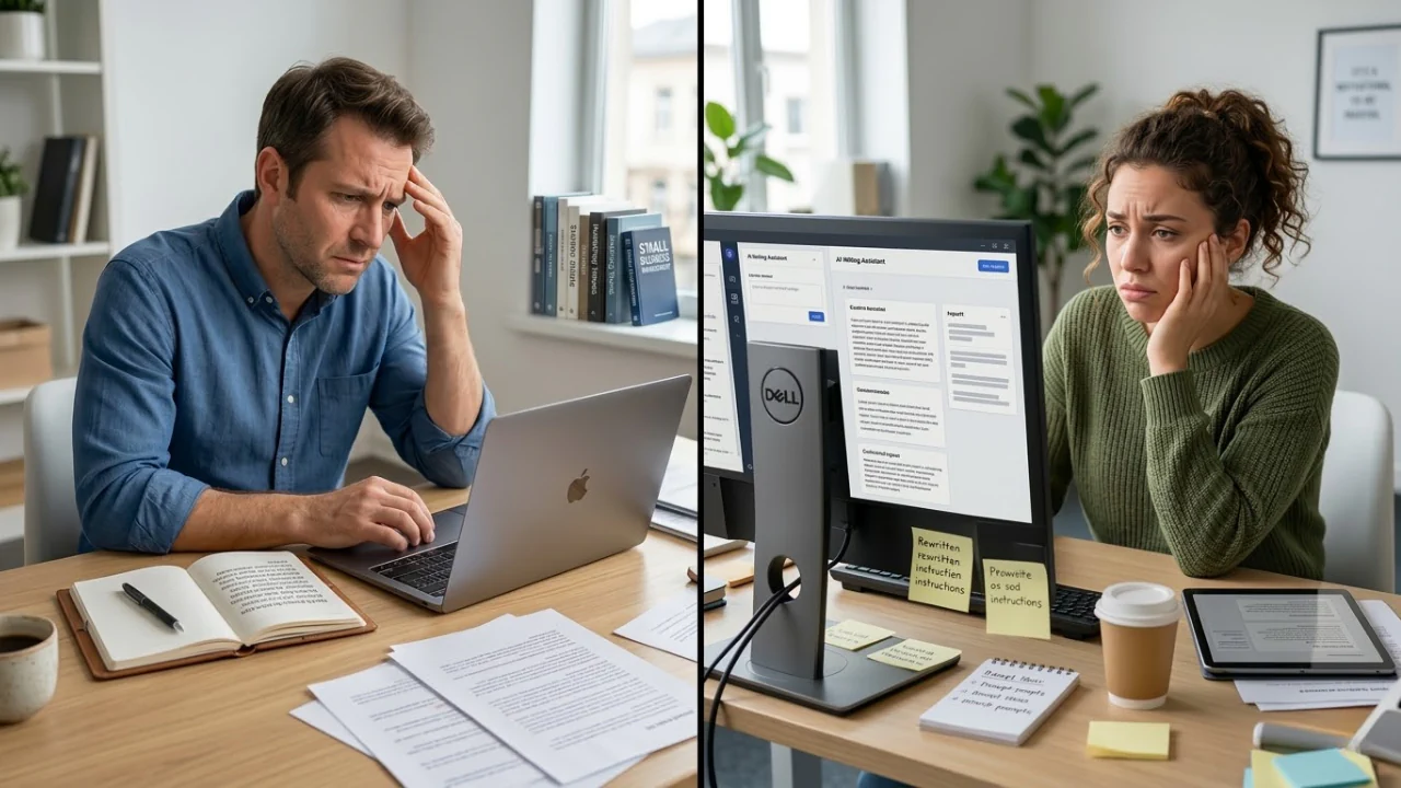 Two professionals frustrated at laptops, struggling with content tasks, notes, and unclear workflows at desks