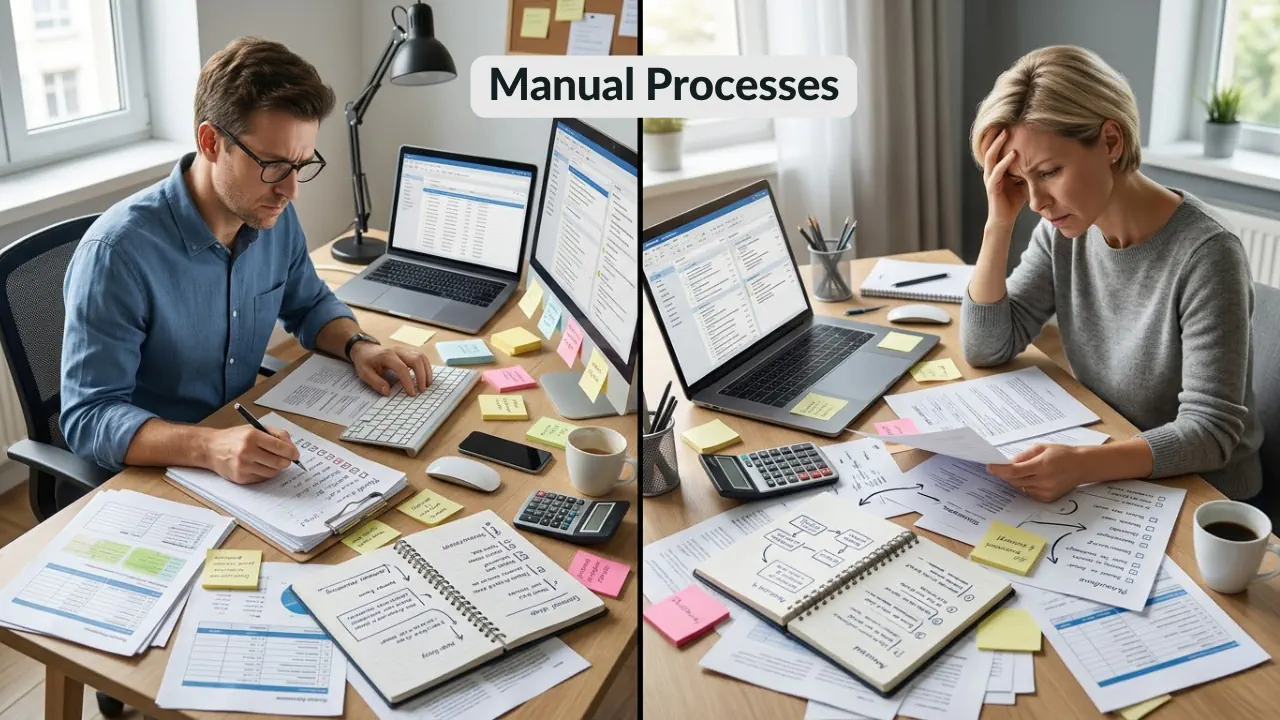 Two professionals overwhelmed by manual processes, paperwork, spreadsheets, and sticky notes across cluttered desks