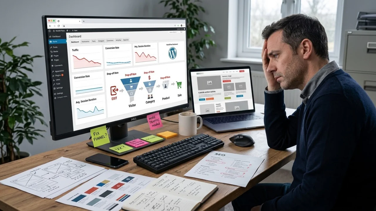Frustrated business owner reviewing weak website traffic, funnel drop-off, and WordPress performance on a dashboard