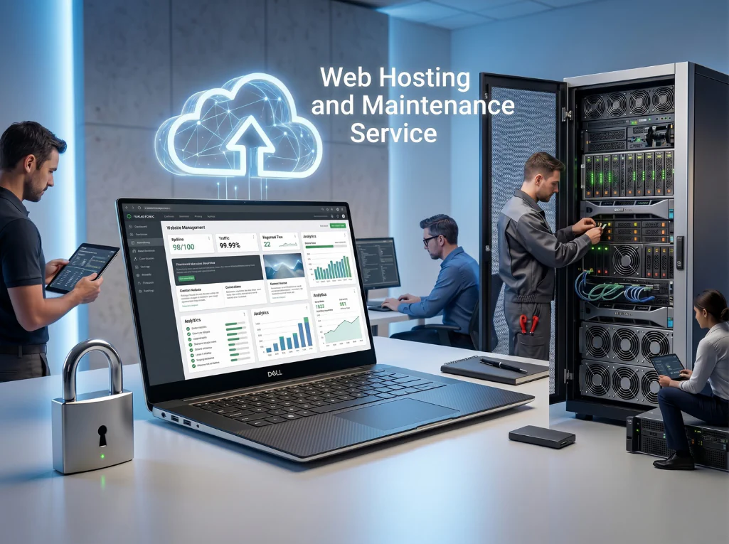 Web hosting and maintenance scene with server technicians, performance dashboard, cloud backup icon, and security lock.