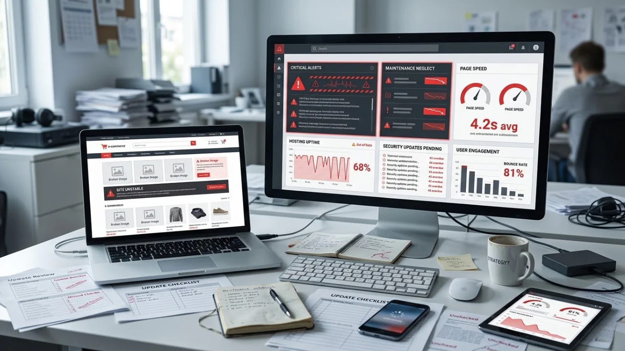 Website maintenance dashboard showing alerts, slow page speed, pending updates, and unstable performance
