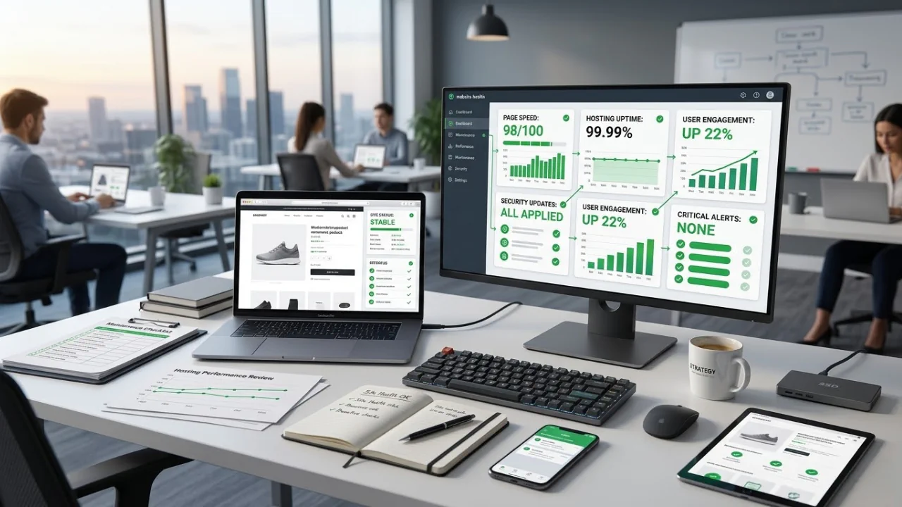 Website maintenance dashboard showing strong uptime, fast page speed, applied updates, and stable performance