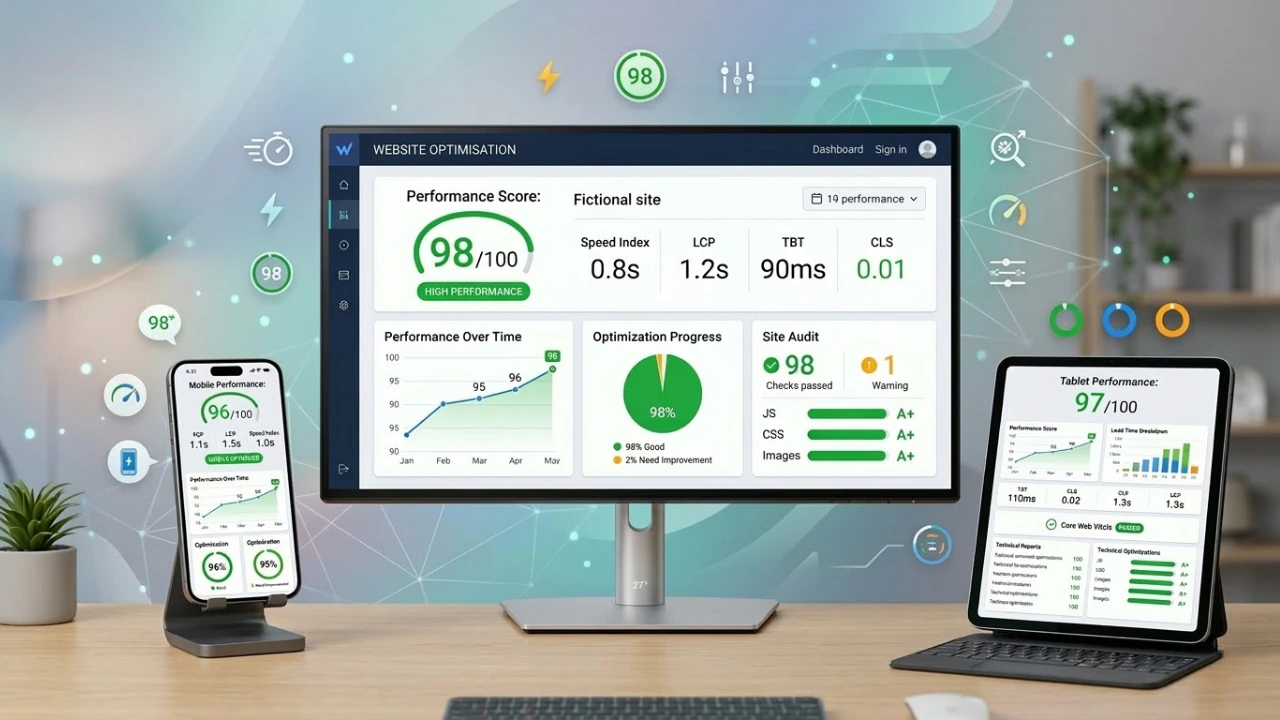 Website optimisation dashboard showing a high performance score, Core Web Vitals metrics, and site audit results across devices