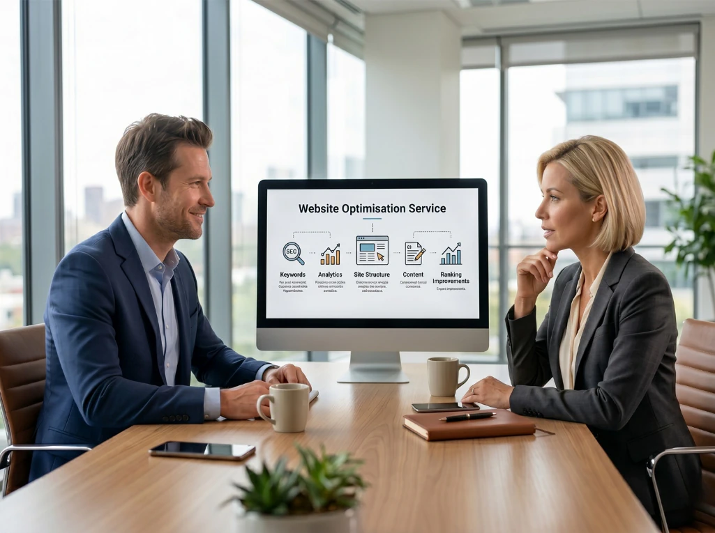SEO consultant discussing website optimisation strategy with client, showing keywords, analytics and ranking improvements on screen.