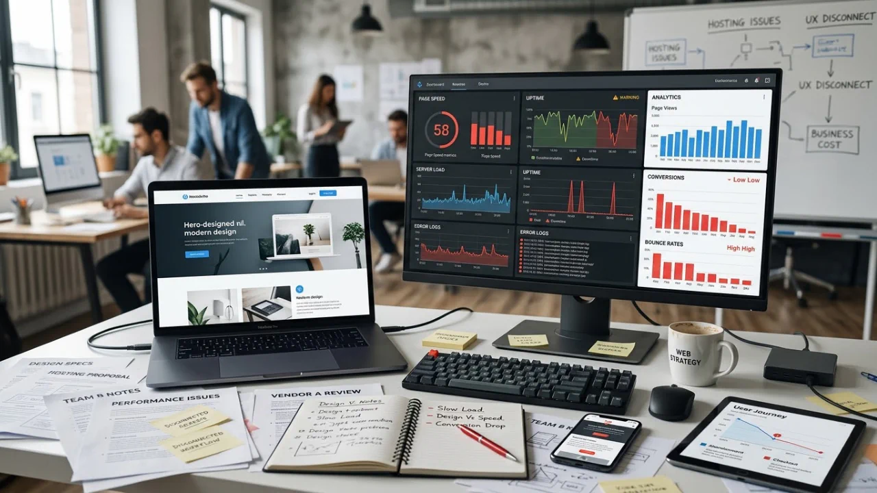Website strategy workspace showing performance issues, uptime alerts, analytics, and UX problems across multiple screens