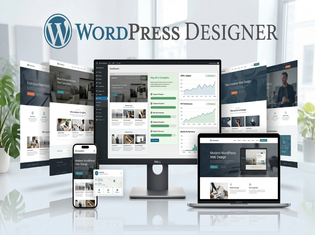WordPress designer showcase with desktop, laptop, and mobile layouts displaying modern responsive website design.