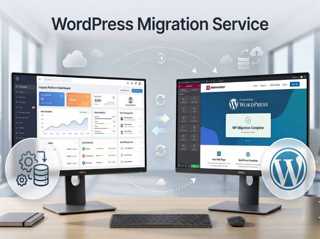 WordPress migration service graphic showing transfer from legacy platform to completed WordPress website setup