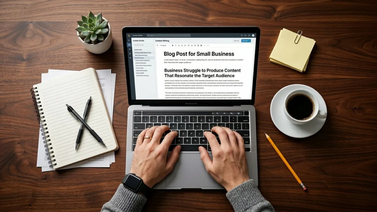 Writer creating a blog post for a small business on a laptop with a notebook, coffee, and content planning workspace