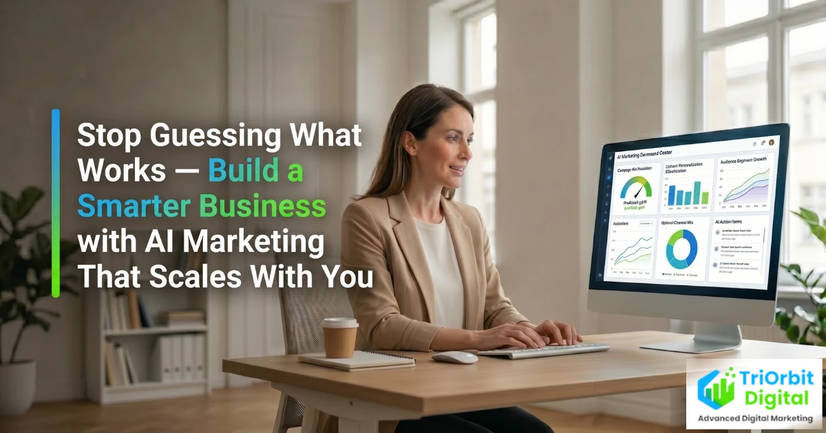 Business owner reviewing an AI marketing dashboard showing automated campaigns, audience insights, and compounding performance data