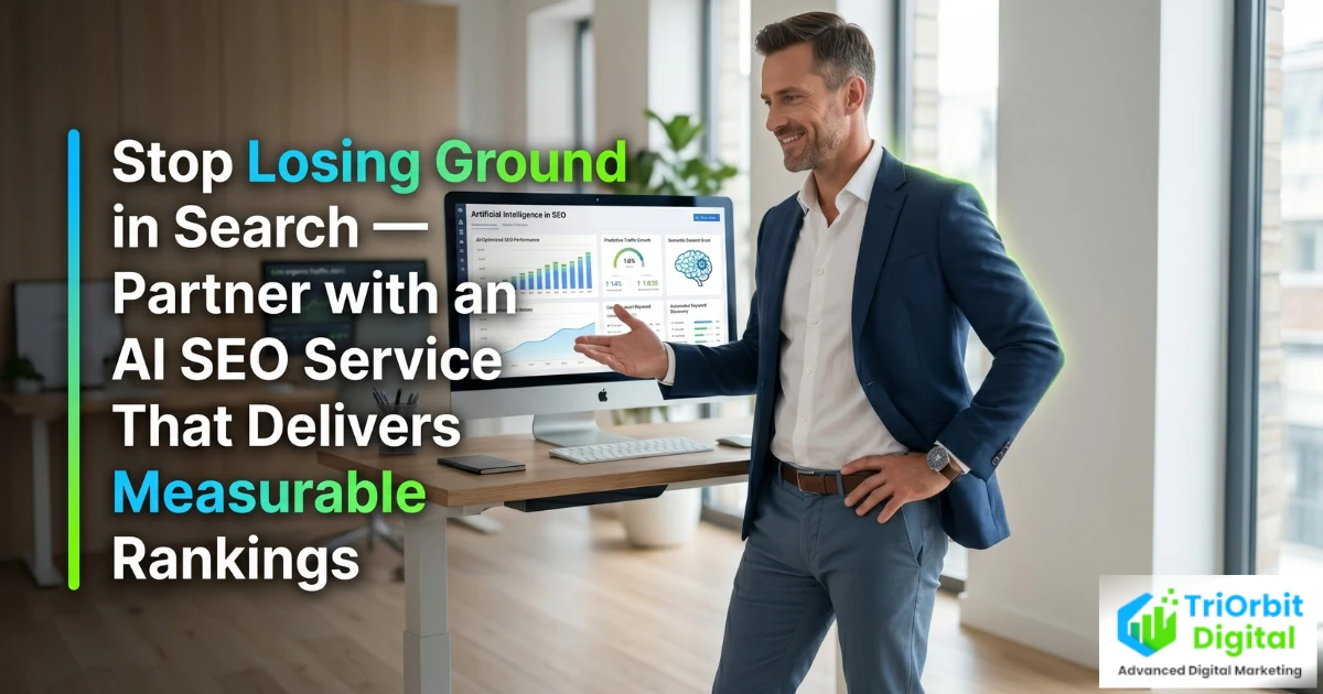 AI SEO service concept showing search rankings, organic traffic analytics and AI-driven content optimisation on a digital dashboard