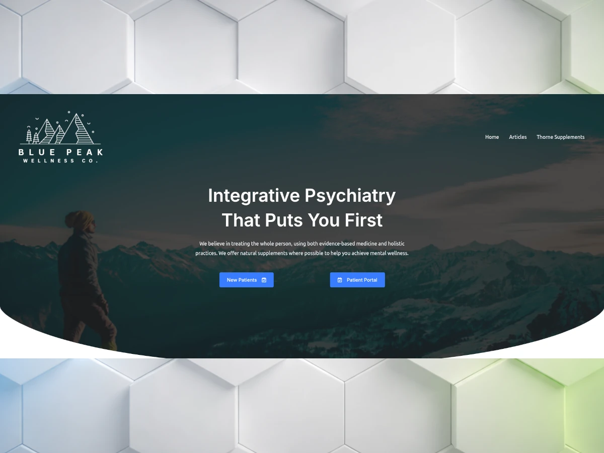 Homepage screenshot of bluepeakwellness.com — a full website rebuild on WordPress and GeneratePress with structured content architecture, JSON-LD schema markup, and ongoing SEO and strategic consultation