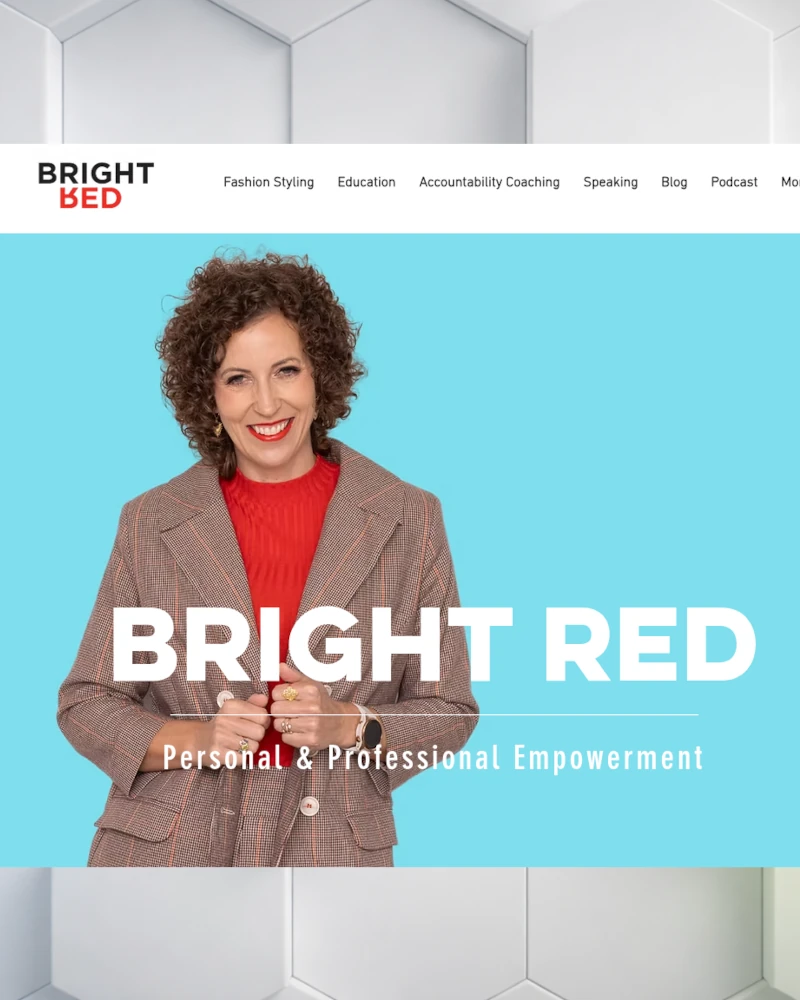 Featured homepage screenshot of brightred.co.nz — fashion stylist Stephanie Rumble's website following an eight-month SEO and podcast content engagement that produced hundreds of #1 organic rankings — case study available
