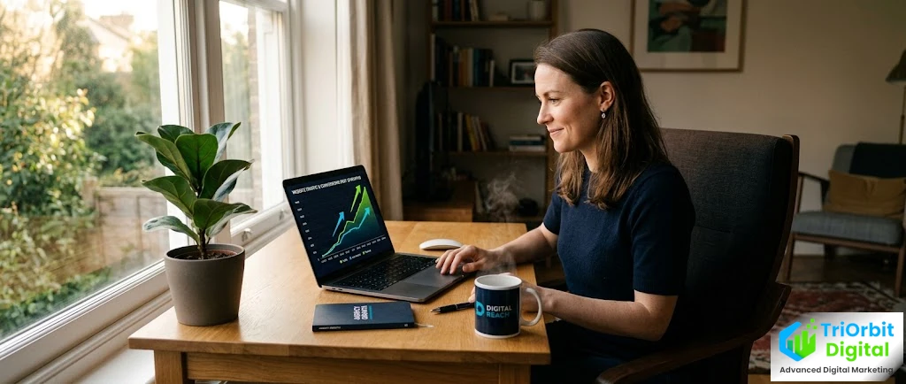 Business owner reviewing an upward-trending organic traffic chart on a laptop, showing consistent month-on-month growth