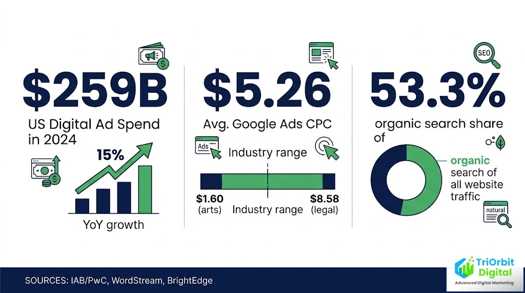 Digital marketing benchmarks infographic showing US ad spend of $259 billion, average Google Ads CPC of $5.26, and organic search accounting for 53.3% of website traffic