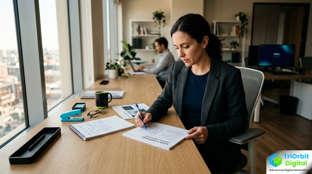 Business owner carefully reviewing digital marketing agency proposals at a desk with a notepad of evaluation criteria