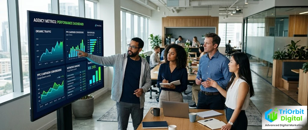 Digital marketing agency team reviewing campaign performance data across multiple screens