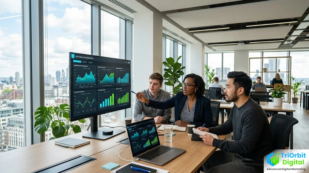 A small agency team collaborating around a large monitor displaying marketing analytics charts with cyan and green data visualisations in a bright modern office