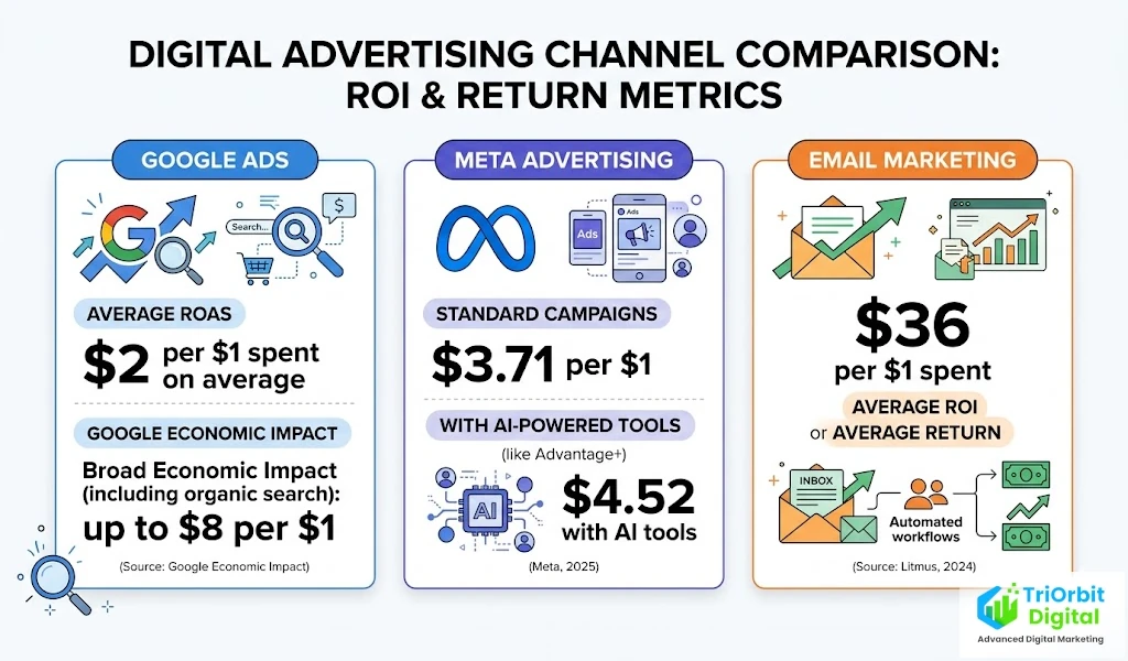 Infographic comparing return on advertising spend across three digital channels: Google Ads, Meta advertising, and email marketing