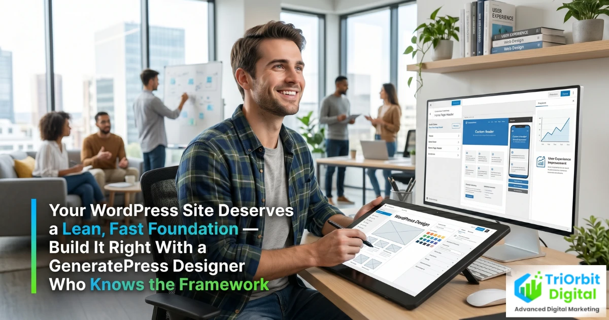 GeneratePress designer building a fast, lightweight WordPress website shown across desktop and laptop with strong Core Web Vitals scores