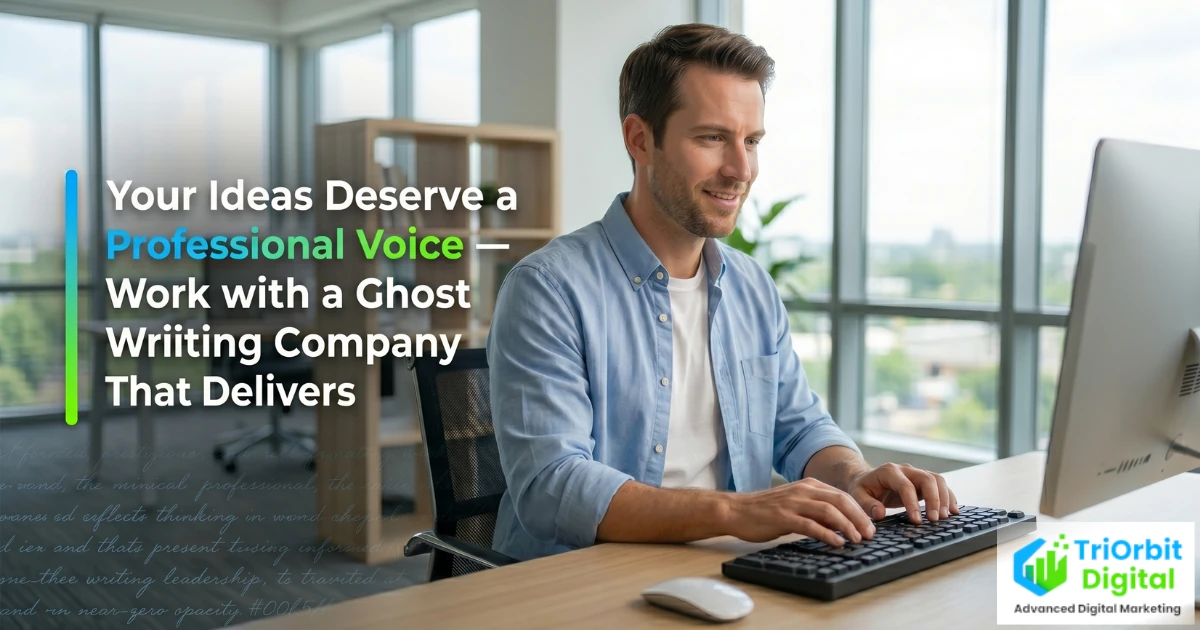 Professional ghostwriter shaping a business owner's ideas into polished blog articles and thought leadership content at a modern desk