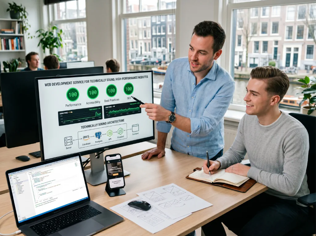 Two professionals discussing high-performance web development services and technical architecture in an office.