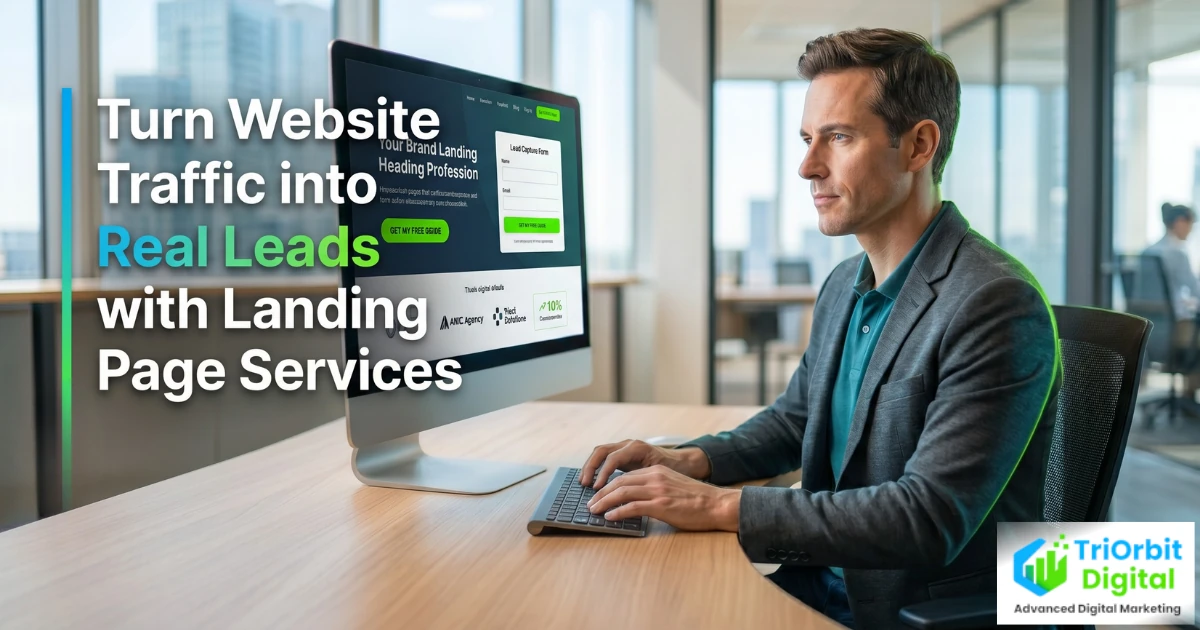 Small business landing page on a laptop showing a focused lead capture form, clear call to action, and conversion tracking dashboard
