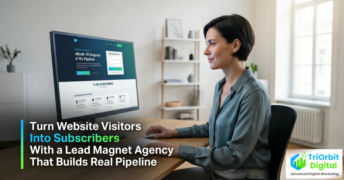 Lead magnet agency dashboard showing a landing page, email opt-in form, and a nurturing funnel converting website visitors into subscribers