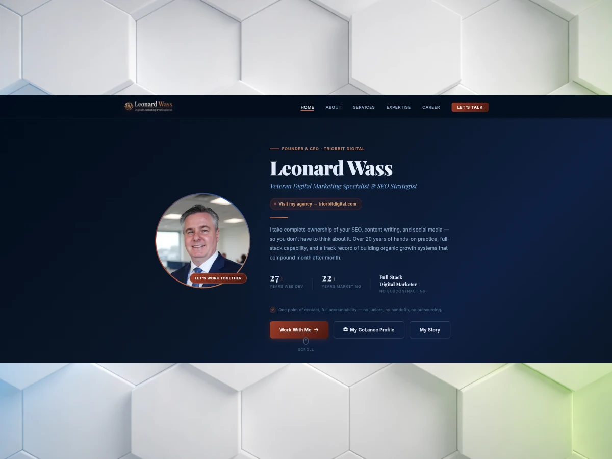 Homepage screenshot of leonardwass.com — the personal brand and career profile site for TriOrbit Digital's founder, built as a multi-section single-page site with advanced CSS and a detailed career timeline