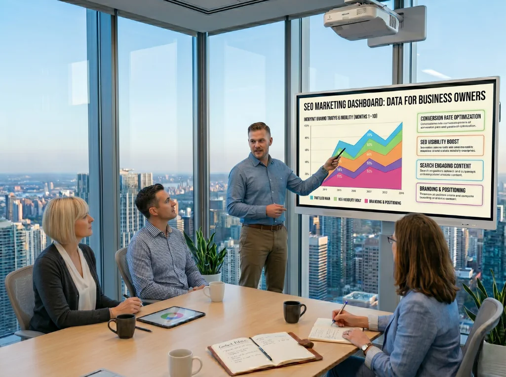 A marketing expert presenting an SEO dashboard with growth trends to a team in a high-rise office boardroom.