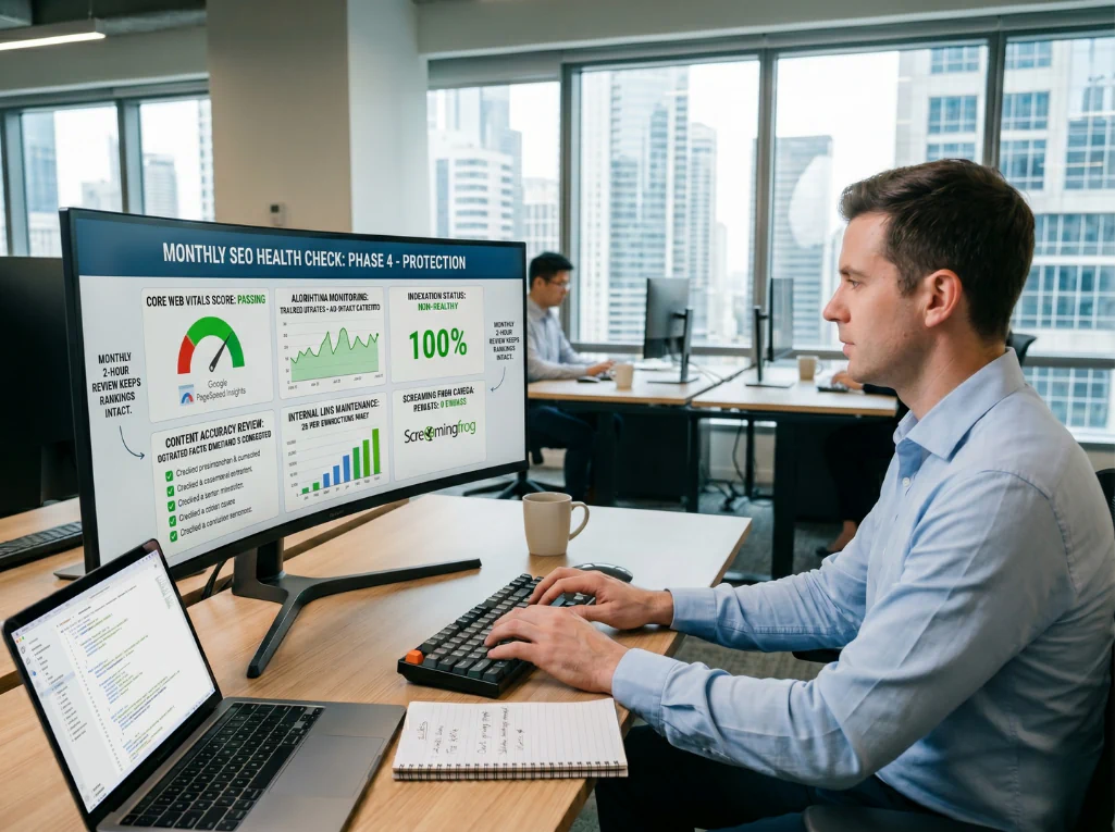 A professional reviewing a monthly SEO health check dashboard on a wide monitor in a modern city office.