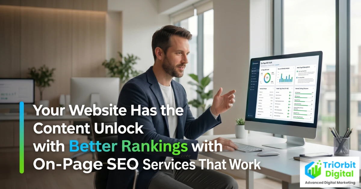 On-page SEO dashboard showing keyword placement, title tag and meta description optimisation, and rising search ranking metrics