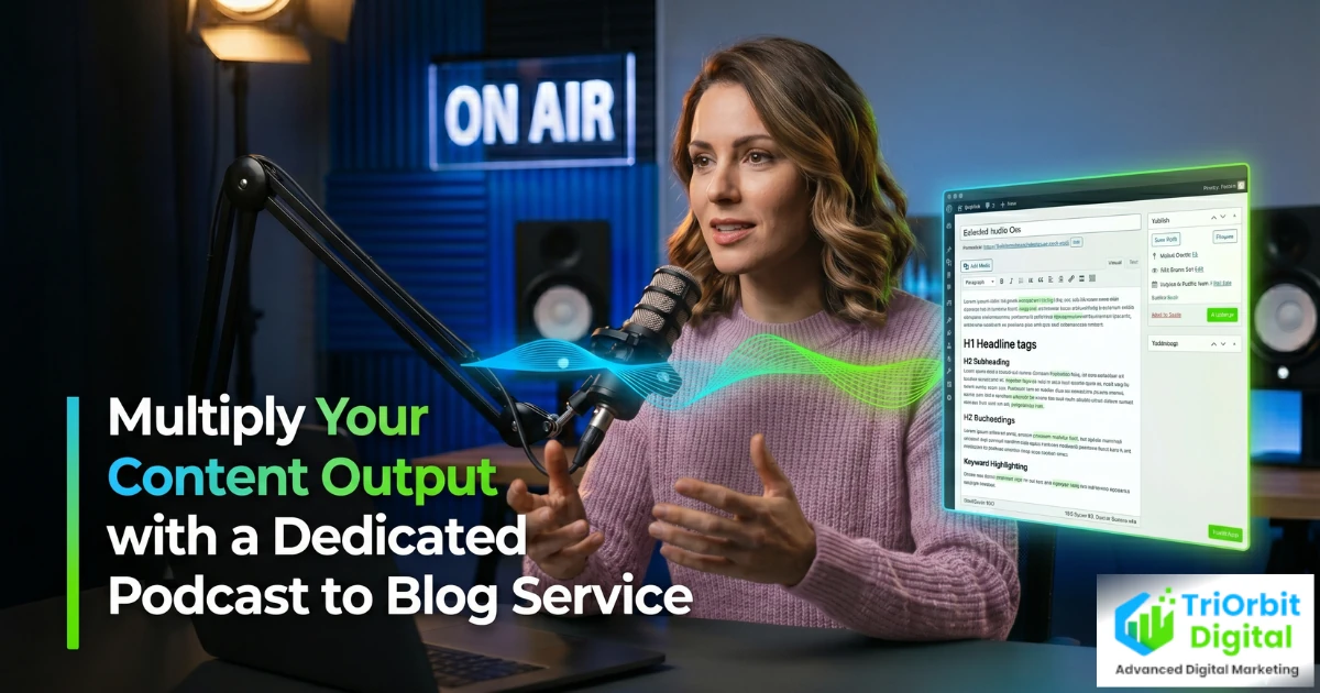 Podcast episode being converted into a written, SEO-optimised blog post with transcription, headings, and keyword integration