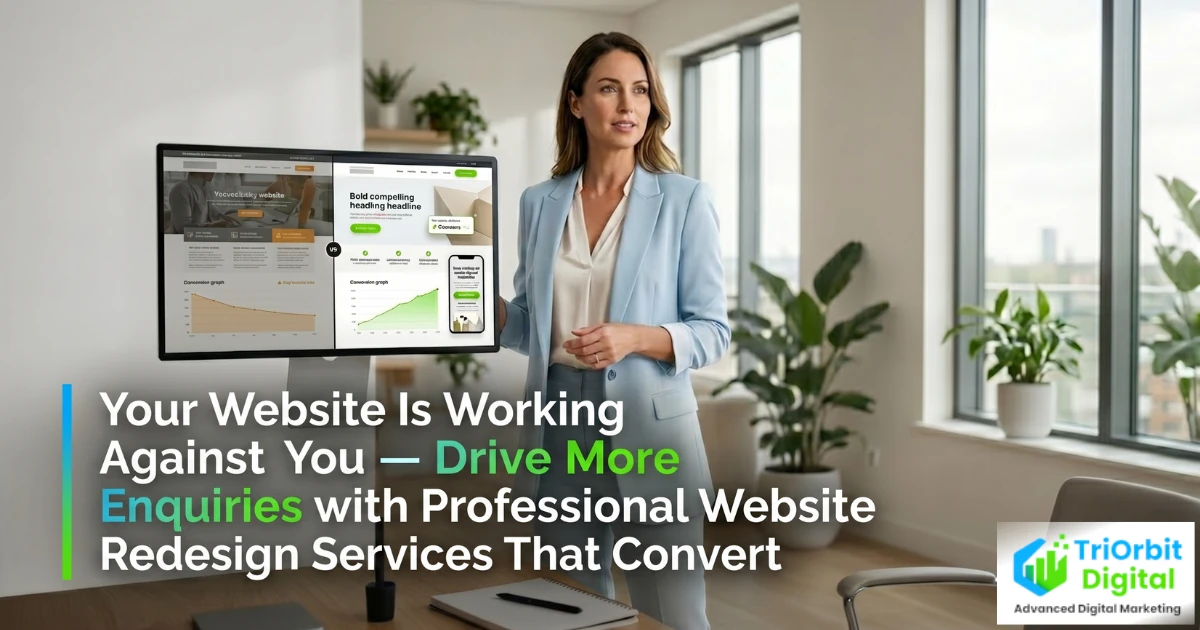Business owner reviewing a redesigned website across desktop and mobile with improved design, search visibility, and conversion metrics